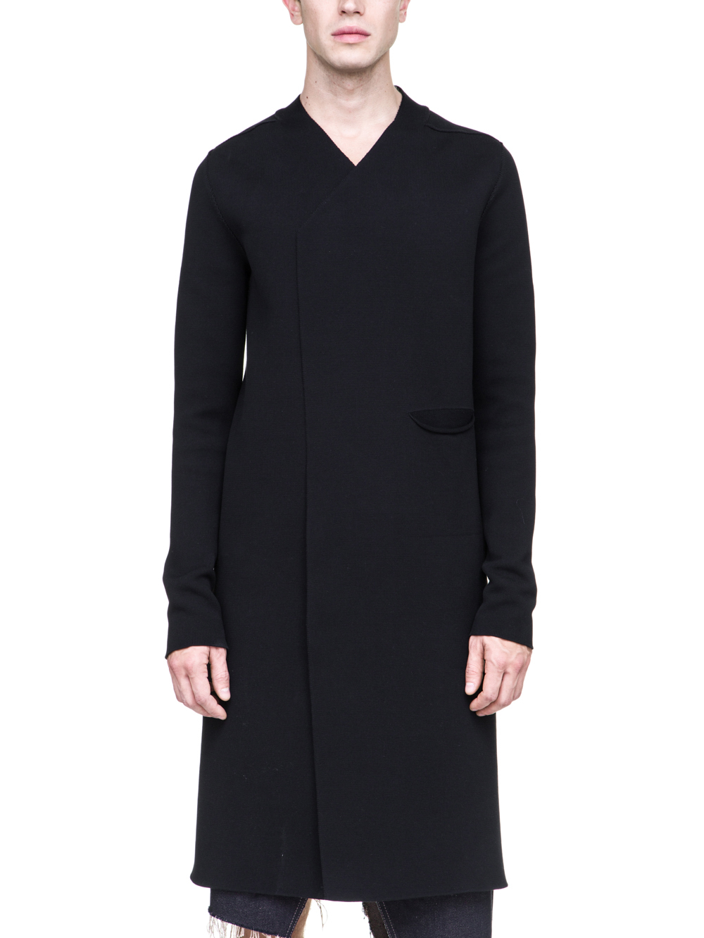 RICK OWENS OFF-THE-RUNWAY NARROW CARDIGAN WITH SLEEVES IN BLACK SCULPTURE KNIT