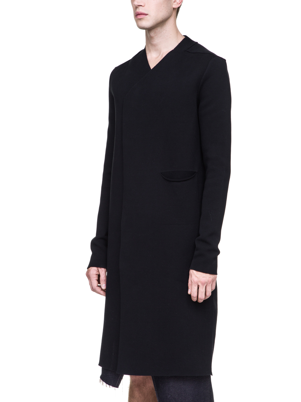 RICK OWENS OFF-THE-RUNWAY NARROW CARDIGAN WITH SLEEVES IN BLACK SCULPTURE KNIT