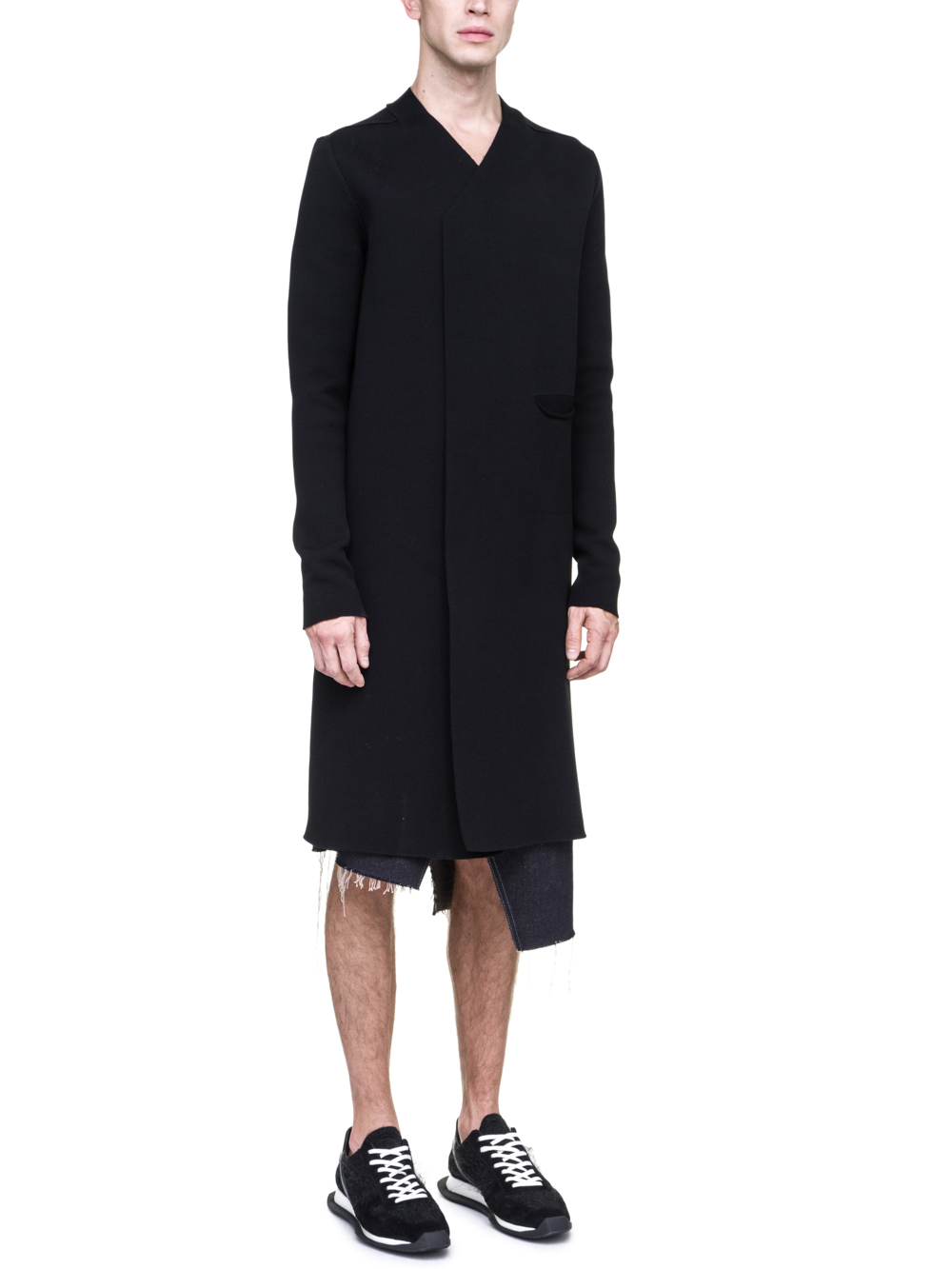 RICK OWENS OFF-THE-RUNWAY NARROW CARDIGAN WITH SLEEVES IN BLACK SCULPTURE KNIT