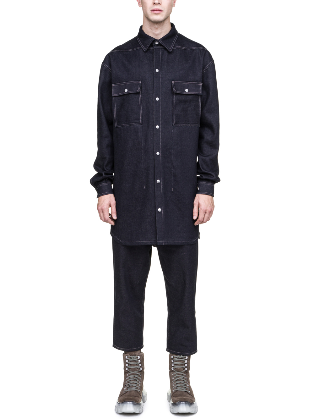 RICK OWENS OFF-THE-RUNWAY OVERSIZED OUTER SHIRT IN 18OZ INDIGO DIRTY WEFT DENIM