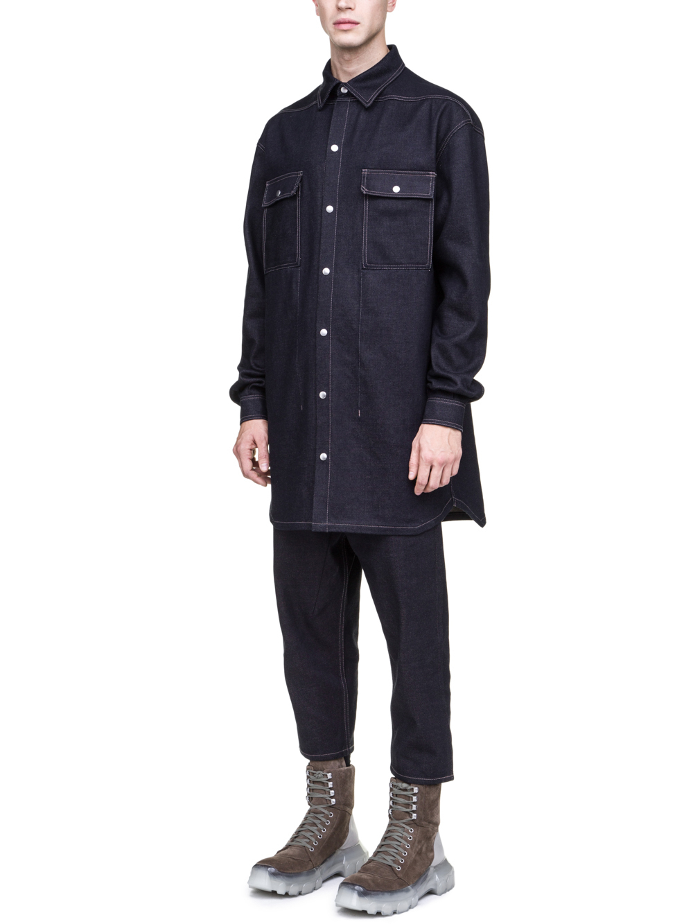 RICK OWENS OFF-THE-RUNWAY OVERSIZED OUTER SHIRT IN 18OZ INDIGO DIRTY WEFT DENIM