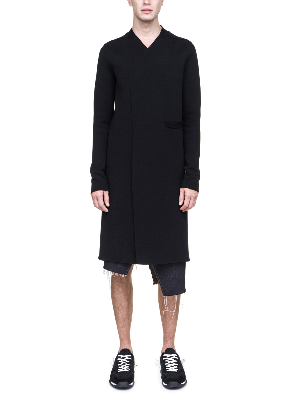 RICK OWENS OFF-THE-RUNWAY NARROW CARDIGAN WITH SLEEVES IN BLACK SCULPTURE KNIT