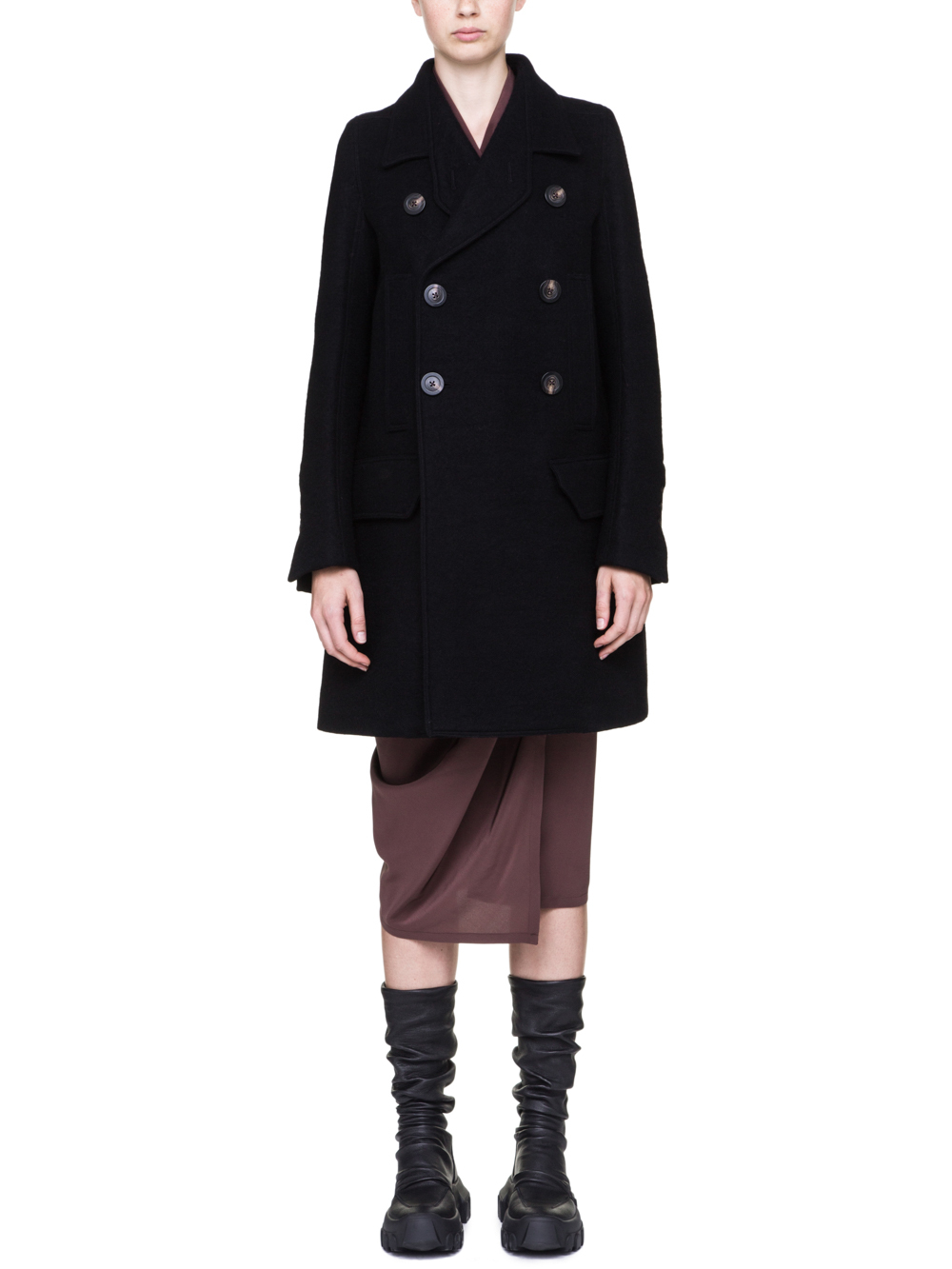 RICK OWENS MILITARY PEA COAT IN BLACK BOILED WOOL