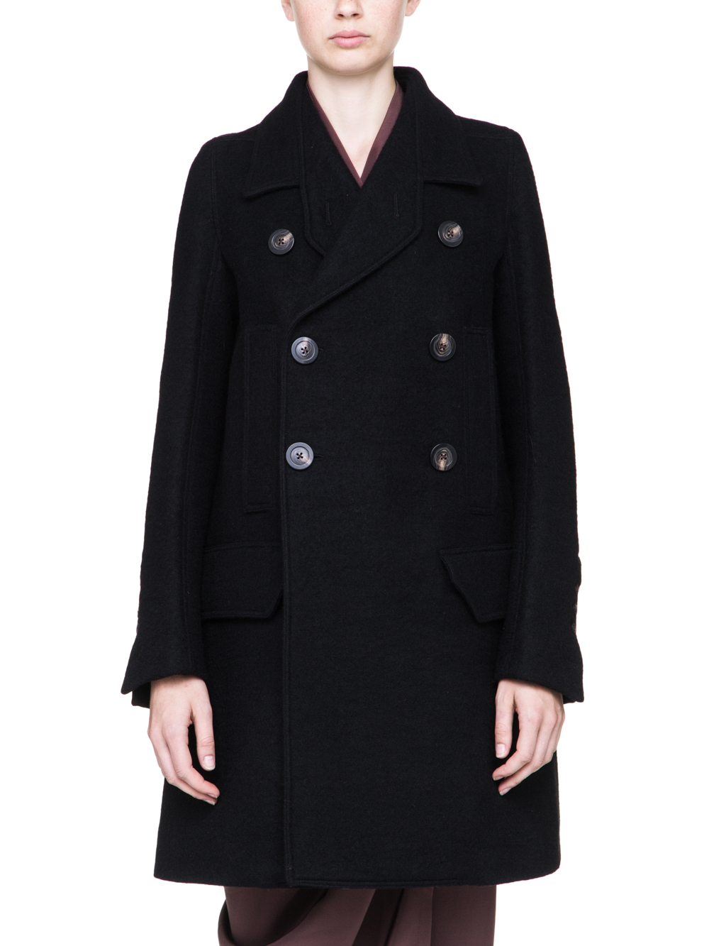 RICK OWENS MILITARY PEA COAT IN BLACK BOILED WOOL