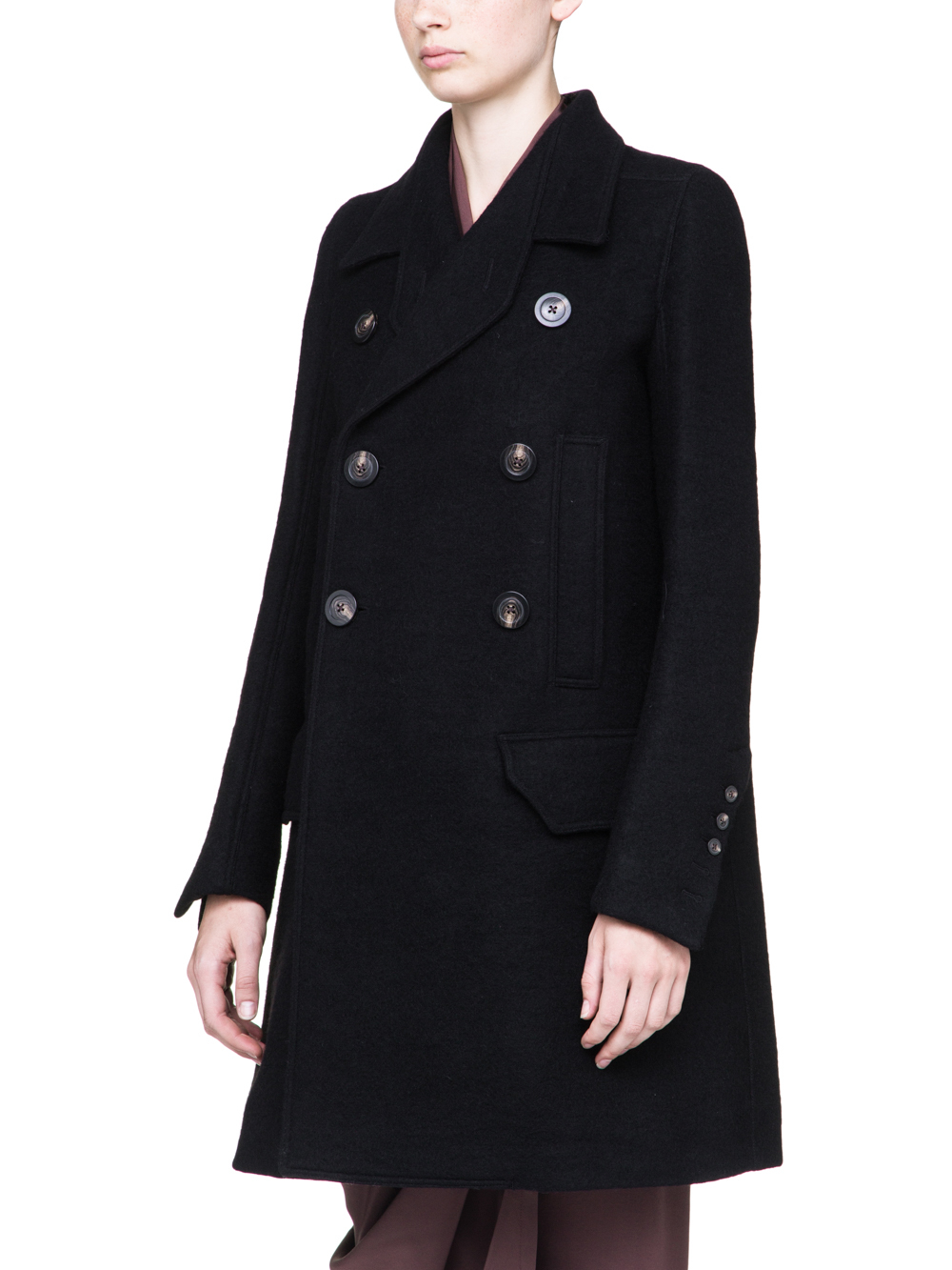 RICK OWENS MILITARY PEA COAT IN BLACK BOILED WOOL