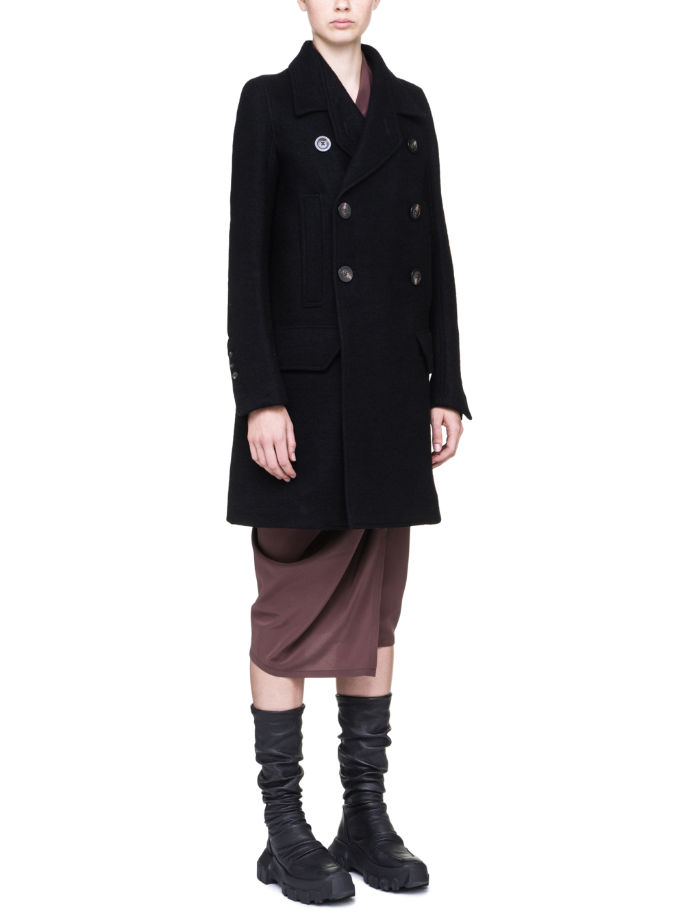 RICK OWENS MILITARY PEA COAT IN BLACK BOILED WOOL