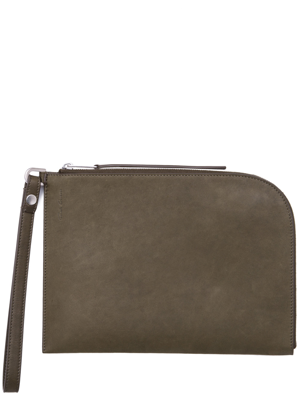 RICK OWENS MEDIUM ZIPPED POUCH IN DIRTY GREEN CALF LEATHER