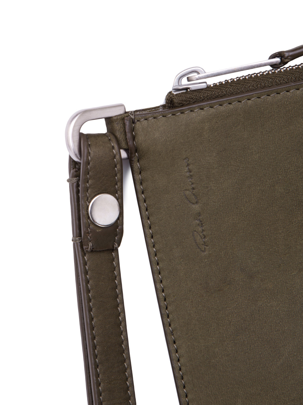 RICK OWENS MEDIUM ZIPPED POUCH IN DIRTY GREEN CALF LEATHER