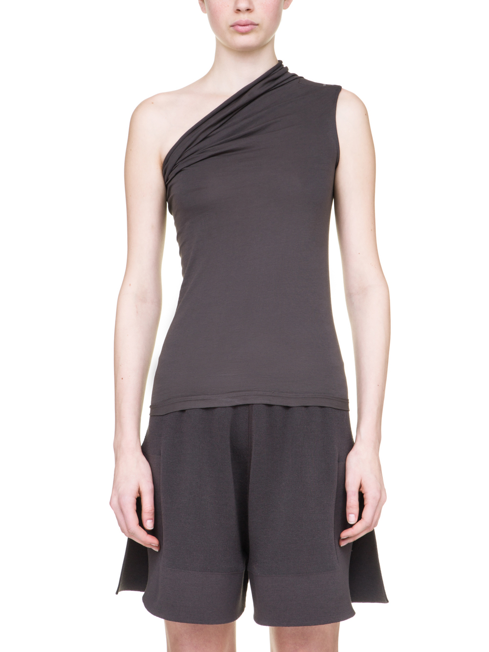 RICK OWENS OFF-THE-RUNWAY ONE SHOULDER TEE IN GREY