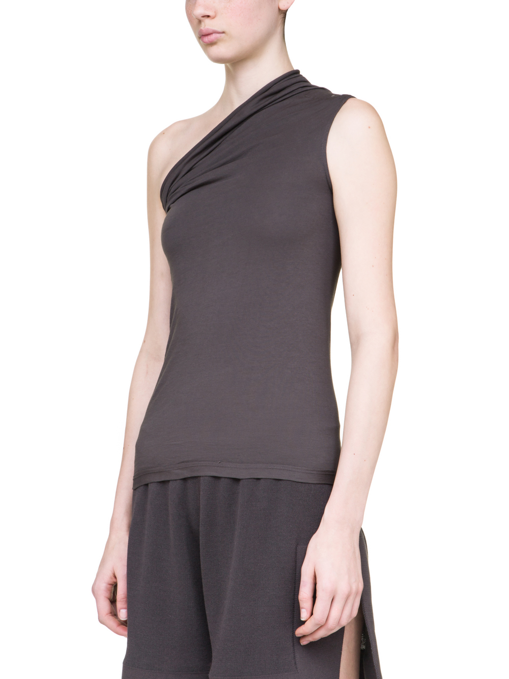 RICK OWENS OFF-THE-RUNWAY ONE SHOULDER TEE IN GREY