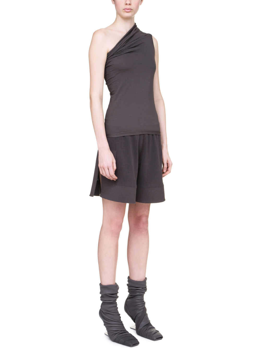 RICK OWENS OFF-THE-RUNWAY ONE SHOULDER TEE IN GREY