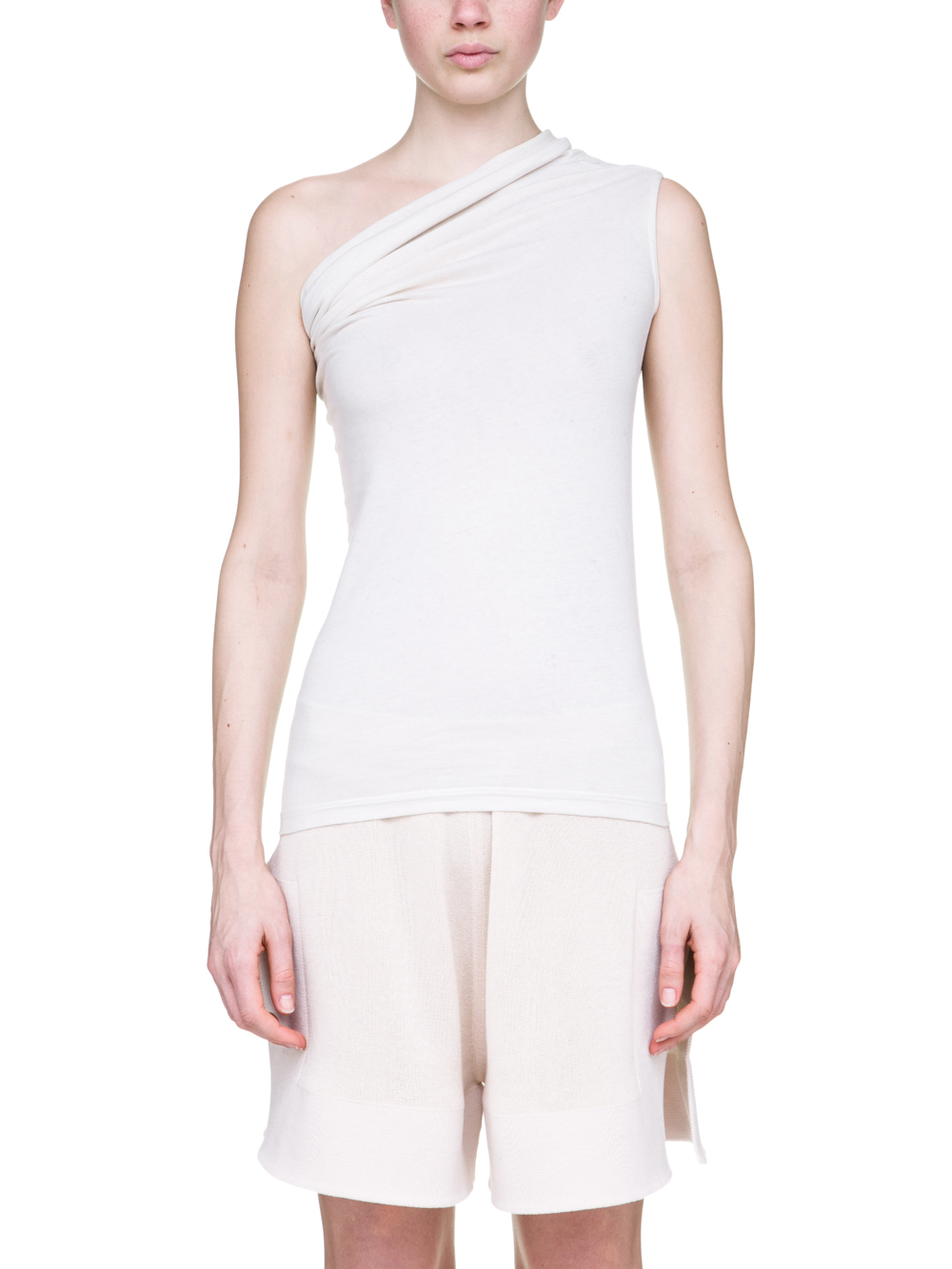 RICK OWENS OFF-THE-RUNWAY ONE SHOULDER TEE IN NATURAL MEDIUMWEIGHT COTTON JERSEY