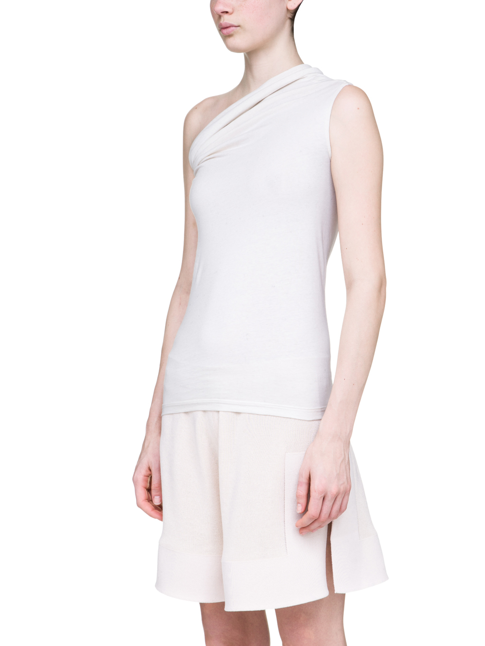 RICK OWENS OFF-THE-RUNWAY ONE SHOULDER TEE IN NATURAL MEDIUMWEIGHT COTTON JERSEY