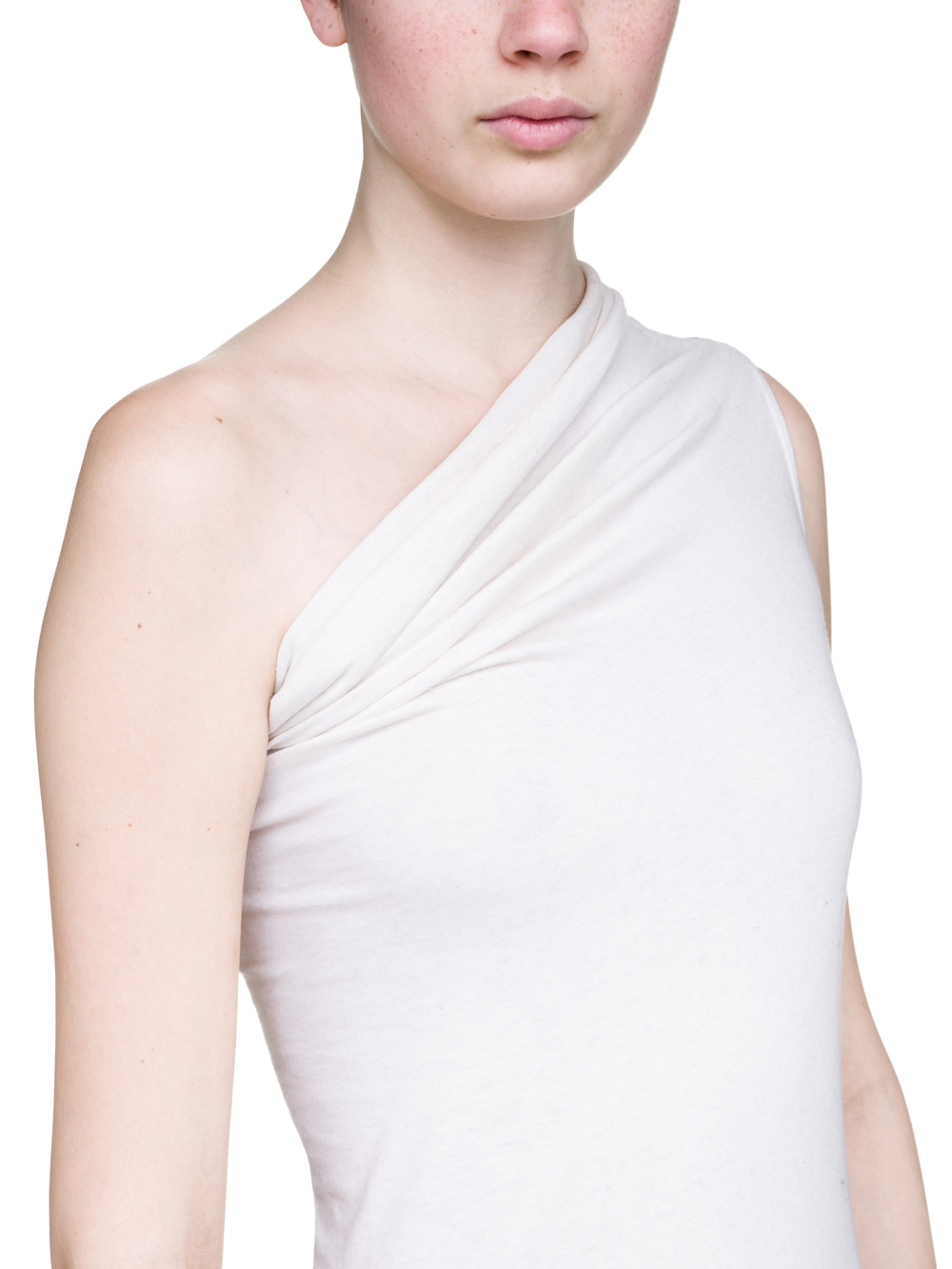 RICK OWENS OFF-THE-RUNWAY ONE SHOULDER TEE IN NATURAL MEDIUMWEIGHT COTTON JERSEY
