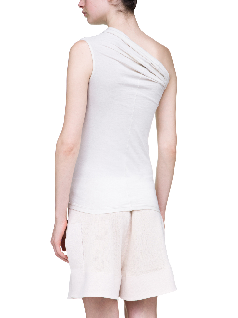 RICK OWENS OFF-THE-RUNWAY ONE SHOULDER TEE IN NATURAL MEDIUMWEIGHT COTTON JERSEY