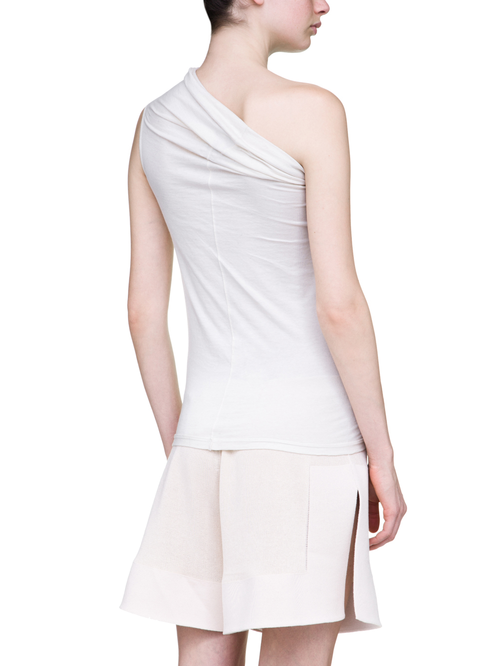 RICK OWENS OFF-THE-RUNWAY ONE SHOULDER TEE IN NATURAL MEDIUMWEIGHT COTTON JERSEY