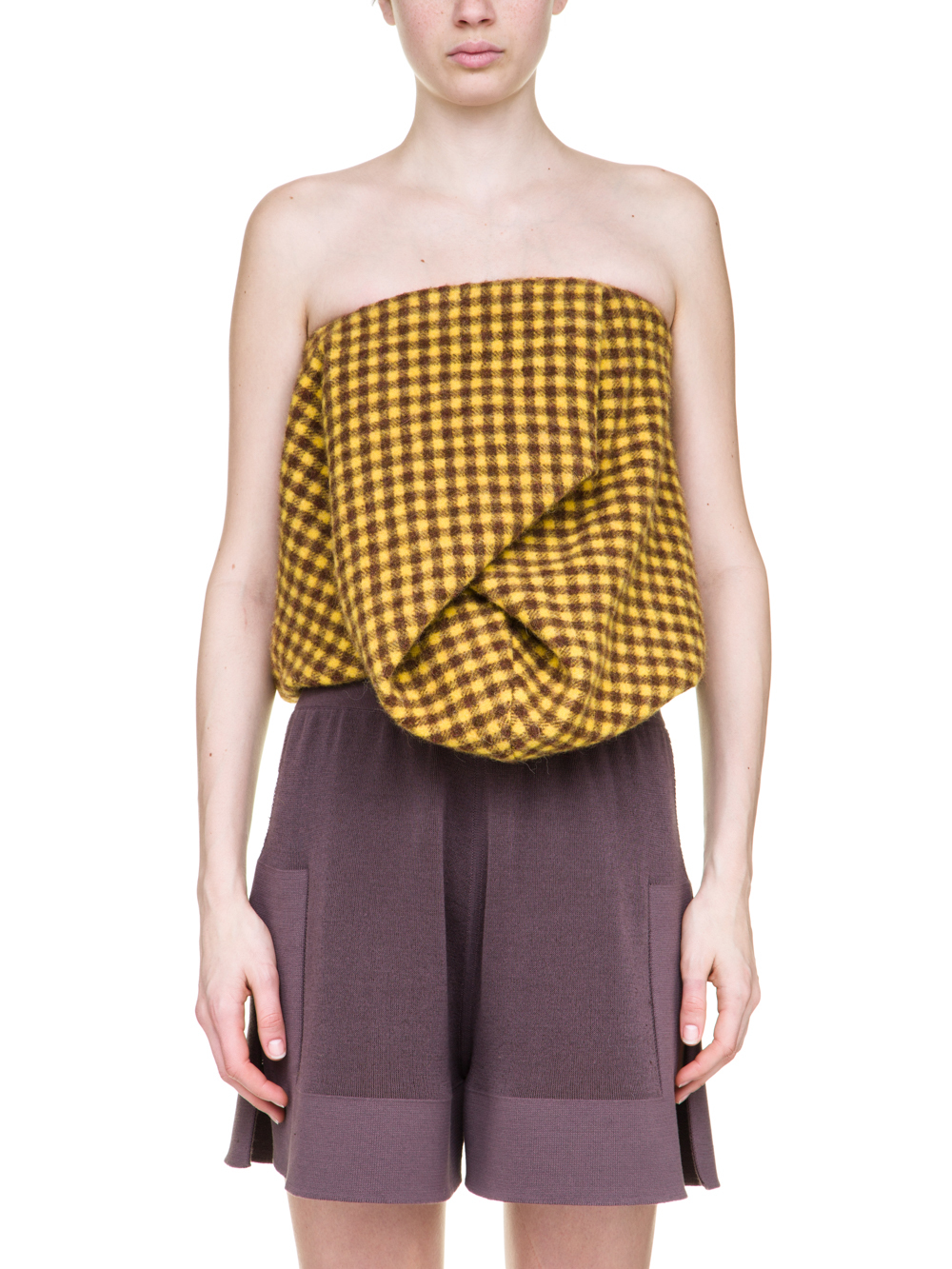 RICK OWENS OFF-THE-RUNWAY SCRUNCH TOP IN RAISIN PURPLE AND YELLOW MINI PLAID