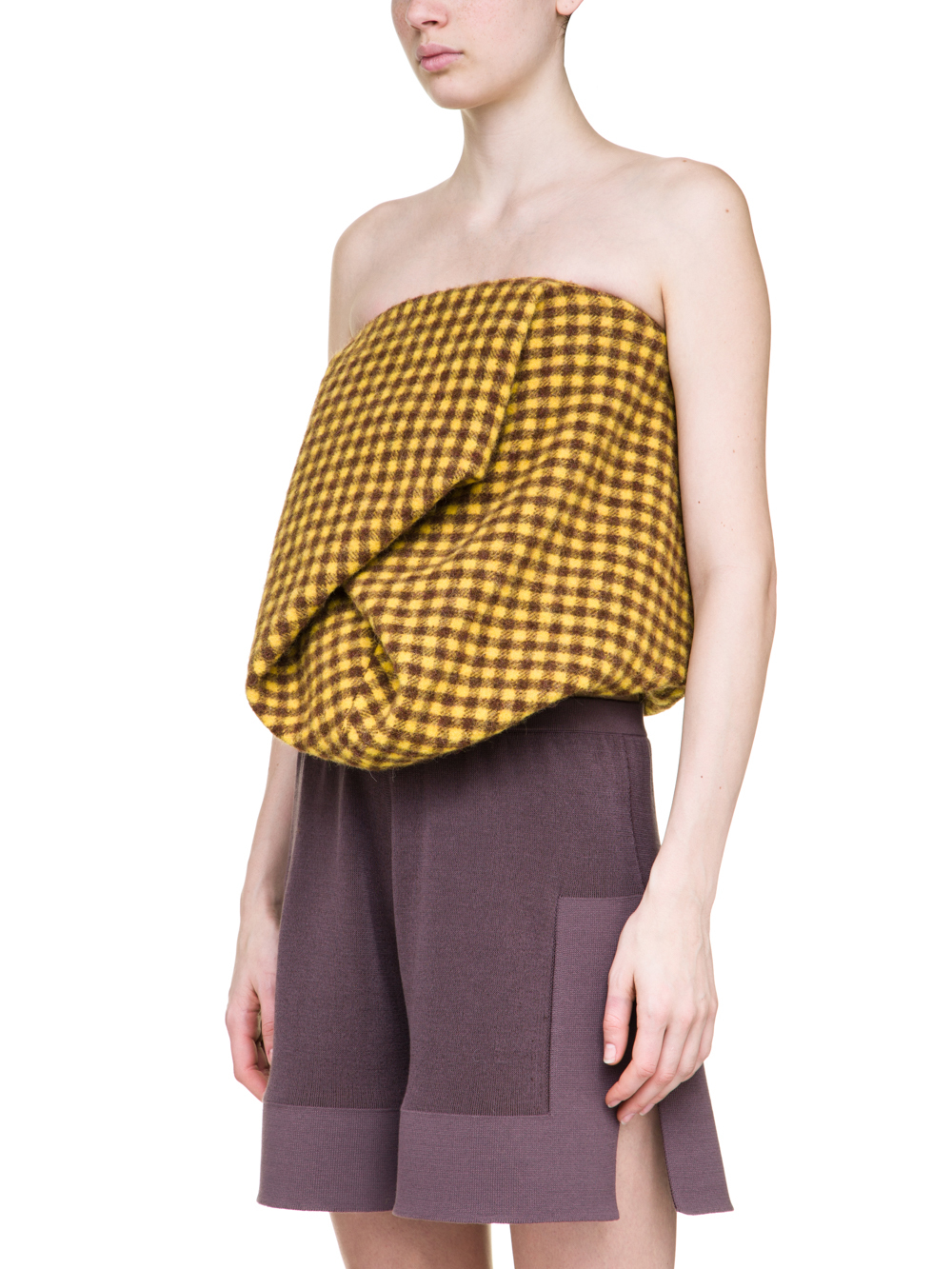 RICK OWENS OFF-THE-RUNWAY SCRUNCH TOP IN RAISIN PURPLE AND YELLOW MINI PLAID
