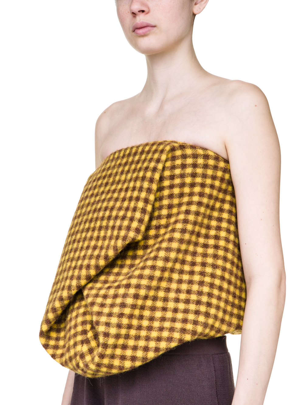 RICK OWENS OFF-THE-RUNWAY SCRUNCH TOP IN RAISIN PURPLE AND YELLOW MINI PLAID