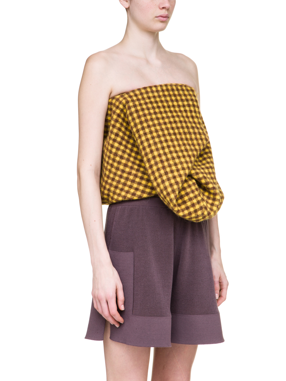 RICK OWENS OFF-THE-RUNWAY SCRUNCH TOP IN RAISIN PURPLE AND YELLOW MINI PLAID