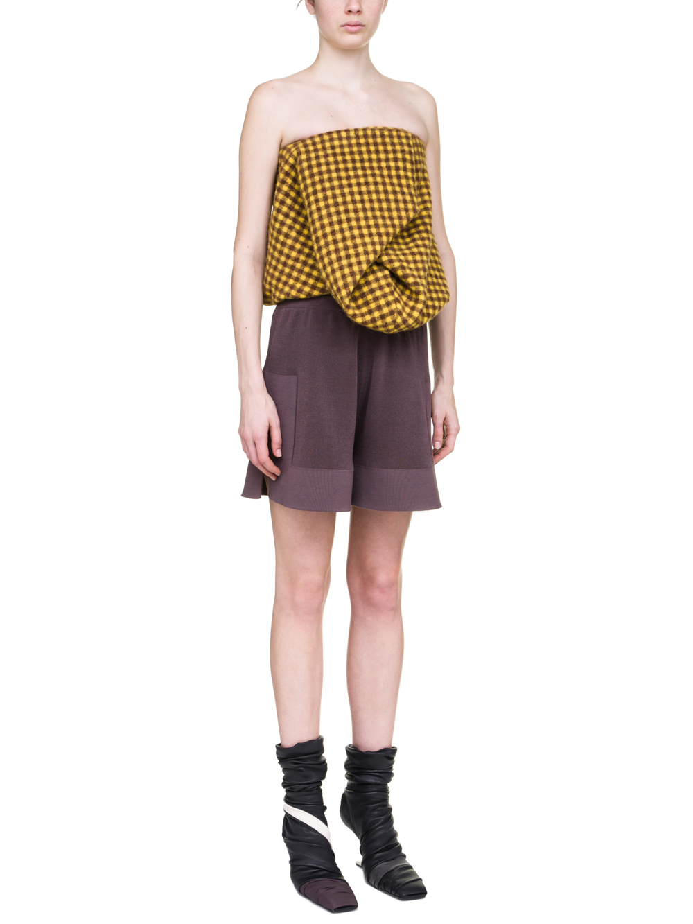RICK OWENS OFF-THE-RUNWAY SCRUNCH TOP IN RAISIN PURPLE AND YELLOW MINI PLAID