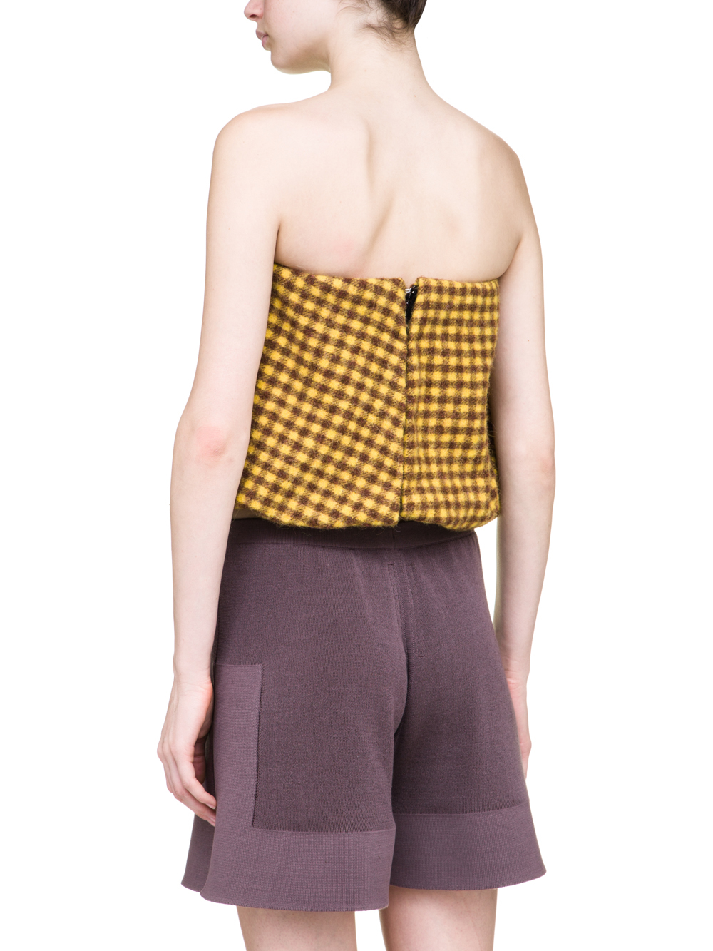 RICK OWENS OFF-THE-RUNWAY SCRUNCH TOP IN RAISIN PURPLE AND YELLOW MINI PLAID