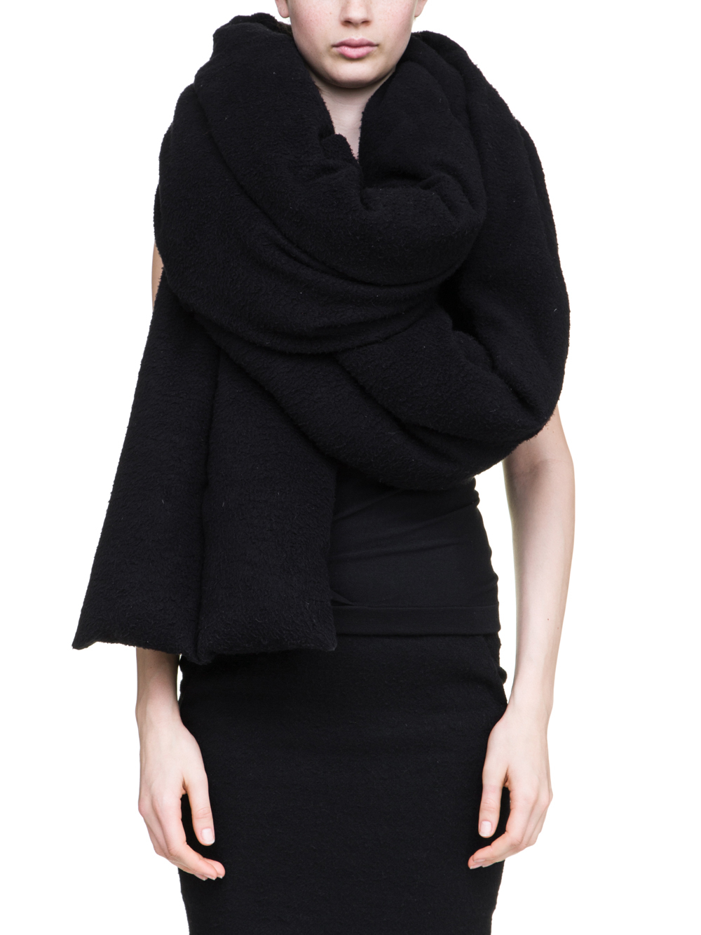 RICK OWENS OFF-THE-RUNWAY STOLE IN BLACK IS A VOLUMINOUS LONG SCARF
