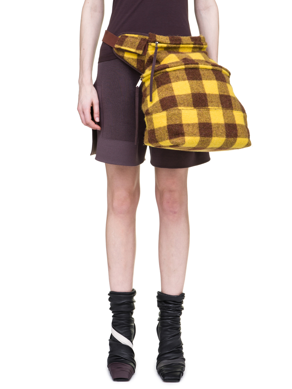 RICK OWENS OFF-THE-RUNWAY FERTILITY BELT IN RAISIN PURPLE AND YELLOW JUMBO PLAID