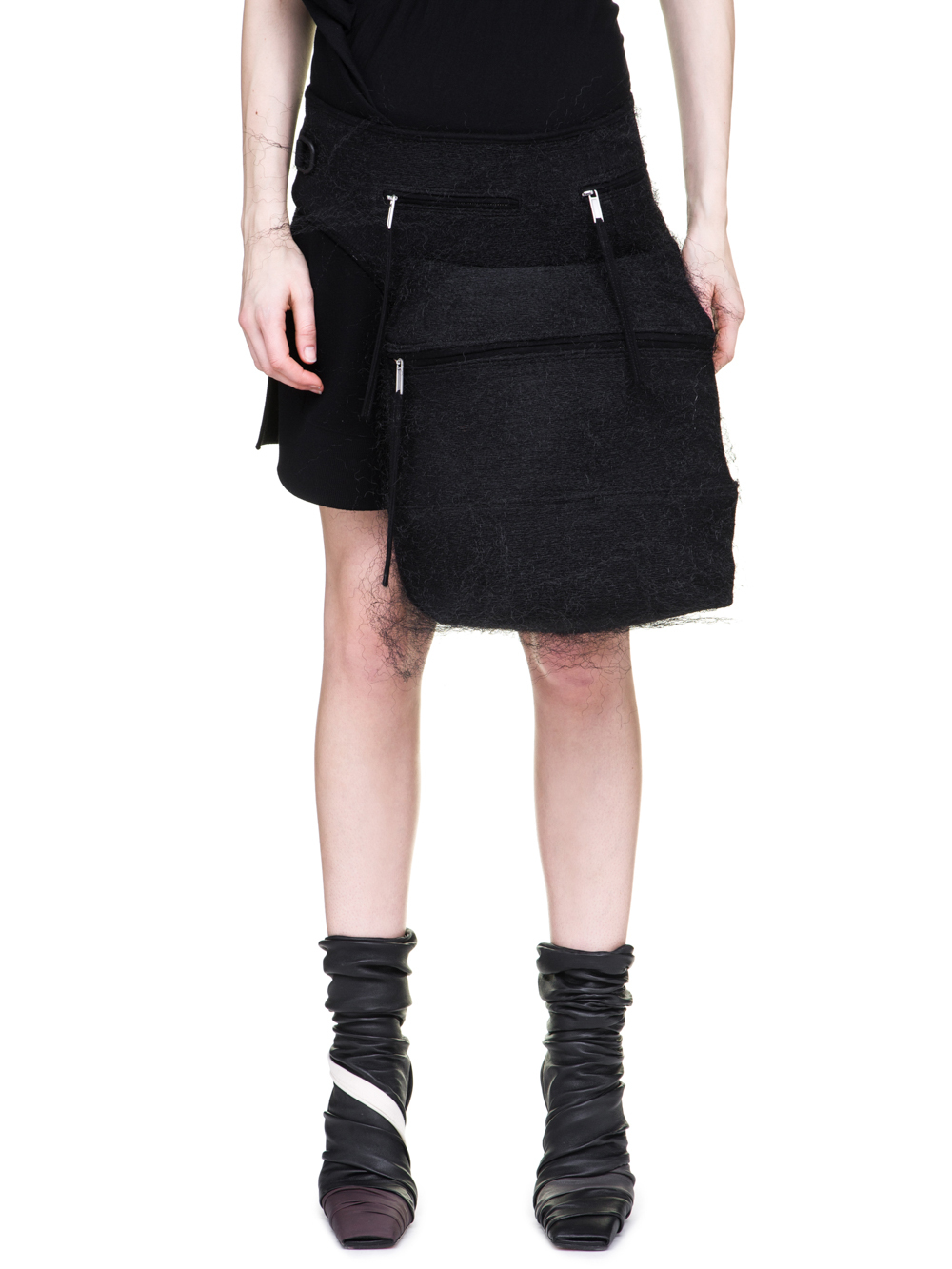 RICK OWENS OFF-THE-RUNWAY CARGO CHAP IN BLACK PLASTIC SHEARLING