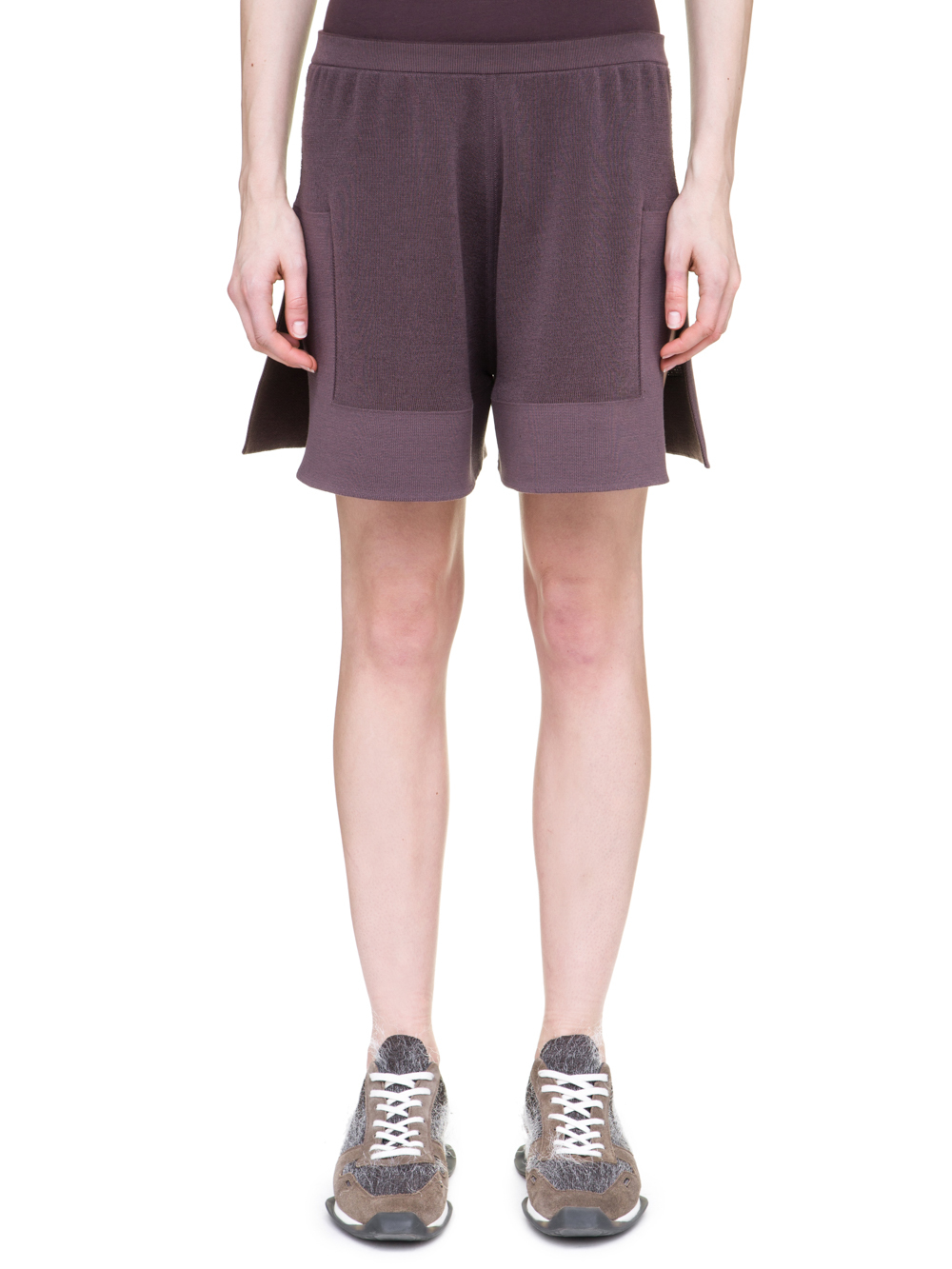 RICK OWENS OFF-THE-RUNWAY BOXERS IN RAISIN PURPLE SCULPTURAL KNIT