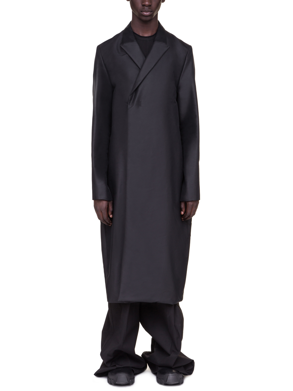 RICK OWENS OFF-THE-RUNWAY BELL COAT IN BLACK TECH CANVAS