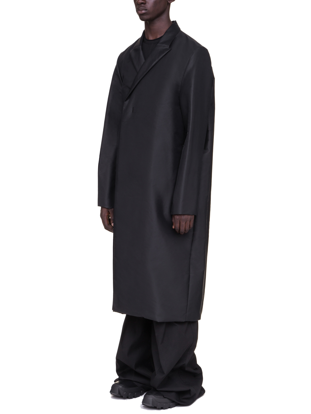 RICK OWENS OFF-THE-RUNWAY BELL COAT IN BLACK TECH CANVAS