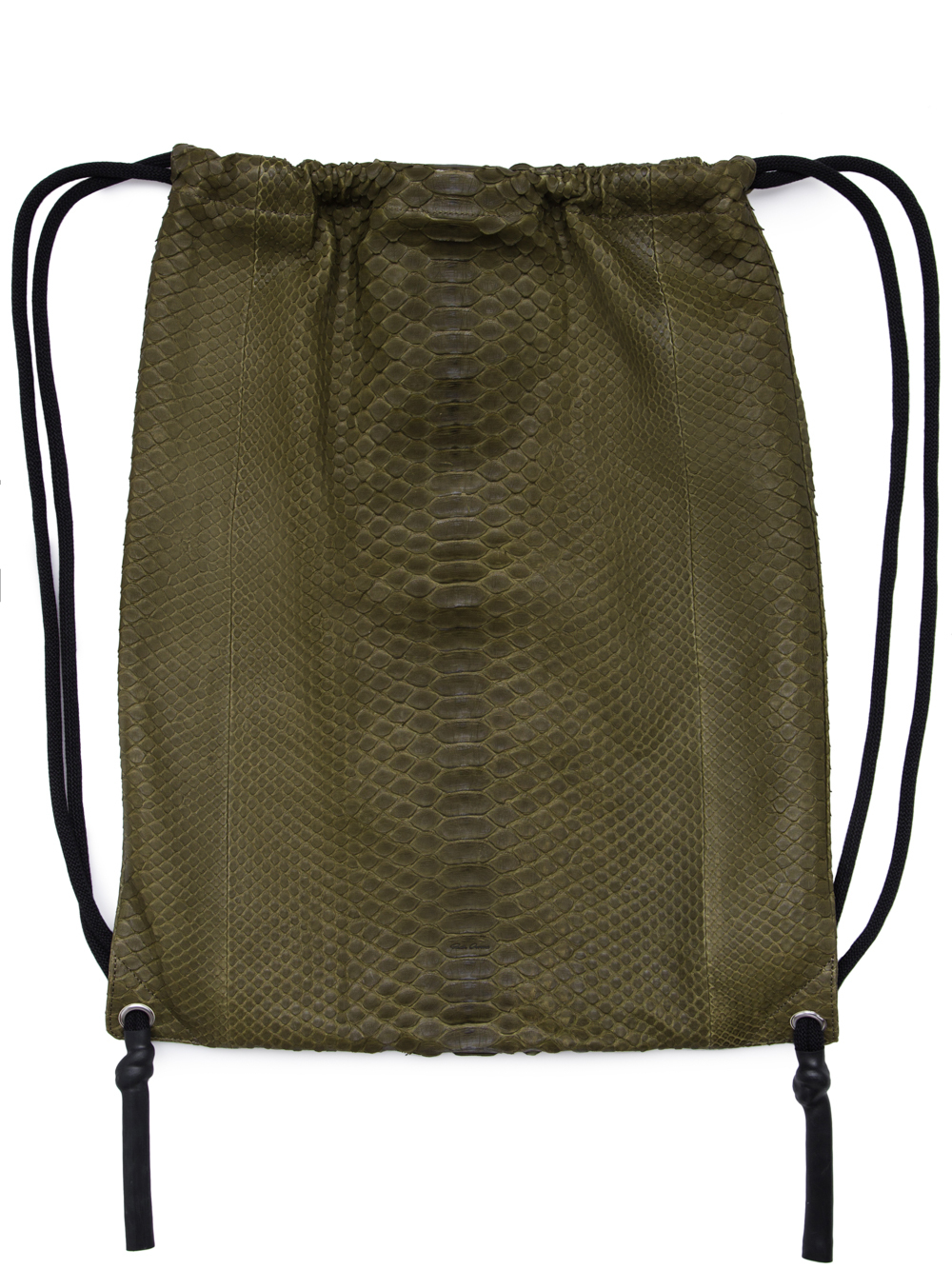 RICK OWENS FW18 SISYPHUS DRAWSTRING BACKPACK IN DIRTY GREEN PYTHON LEATHER