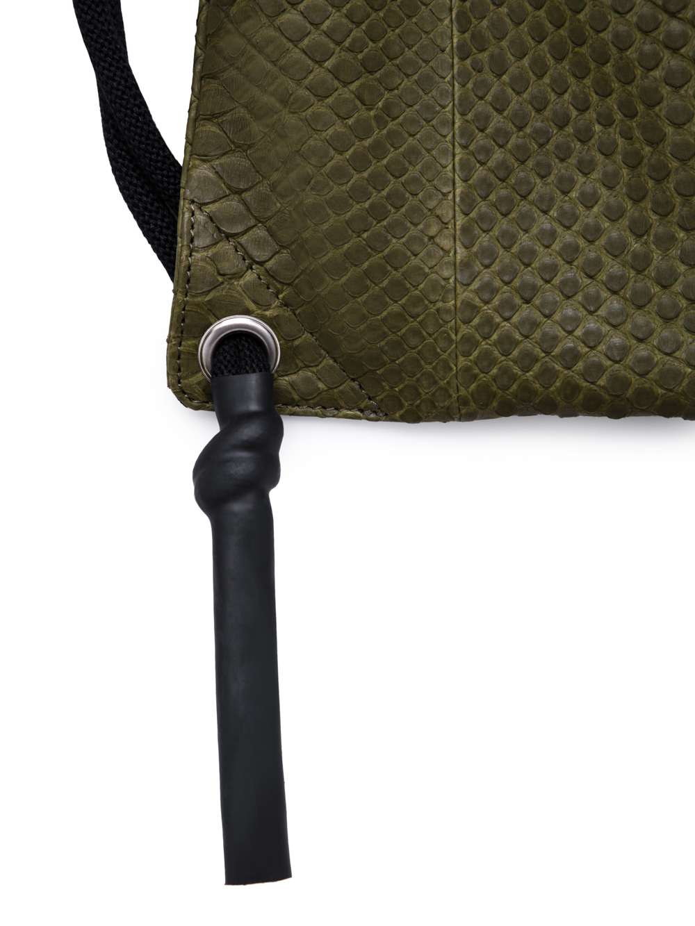 RICK OWENS FW18 SISYPHUS DRAWSTRING BACKPACK IN DIRTY GREEN PYTHON LEATHER