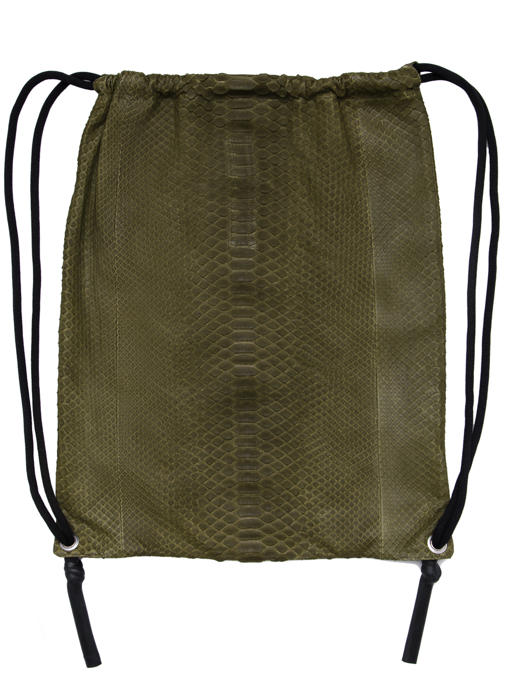 RICK OWENS FW18 SISYPHUS DRAWSTRING BACKPACK IN DIRTY GREEN PYTHON LEATHER