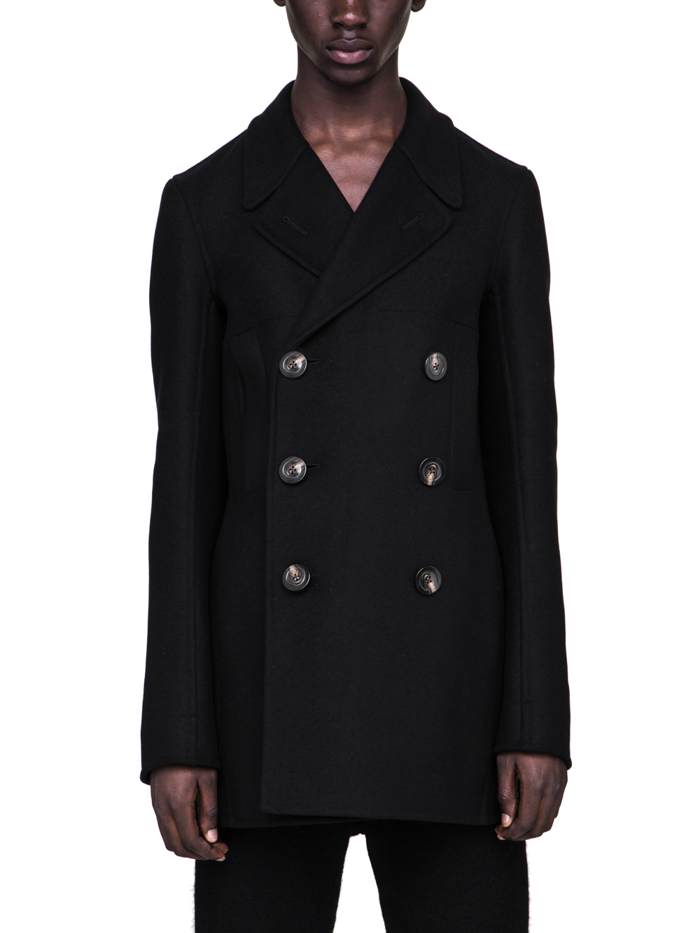 RICK OWENS FW18 SISYPHUS CHURCH PEA COAT IN BLACK DOUBLE WOOL