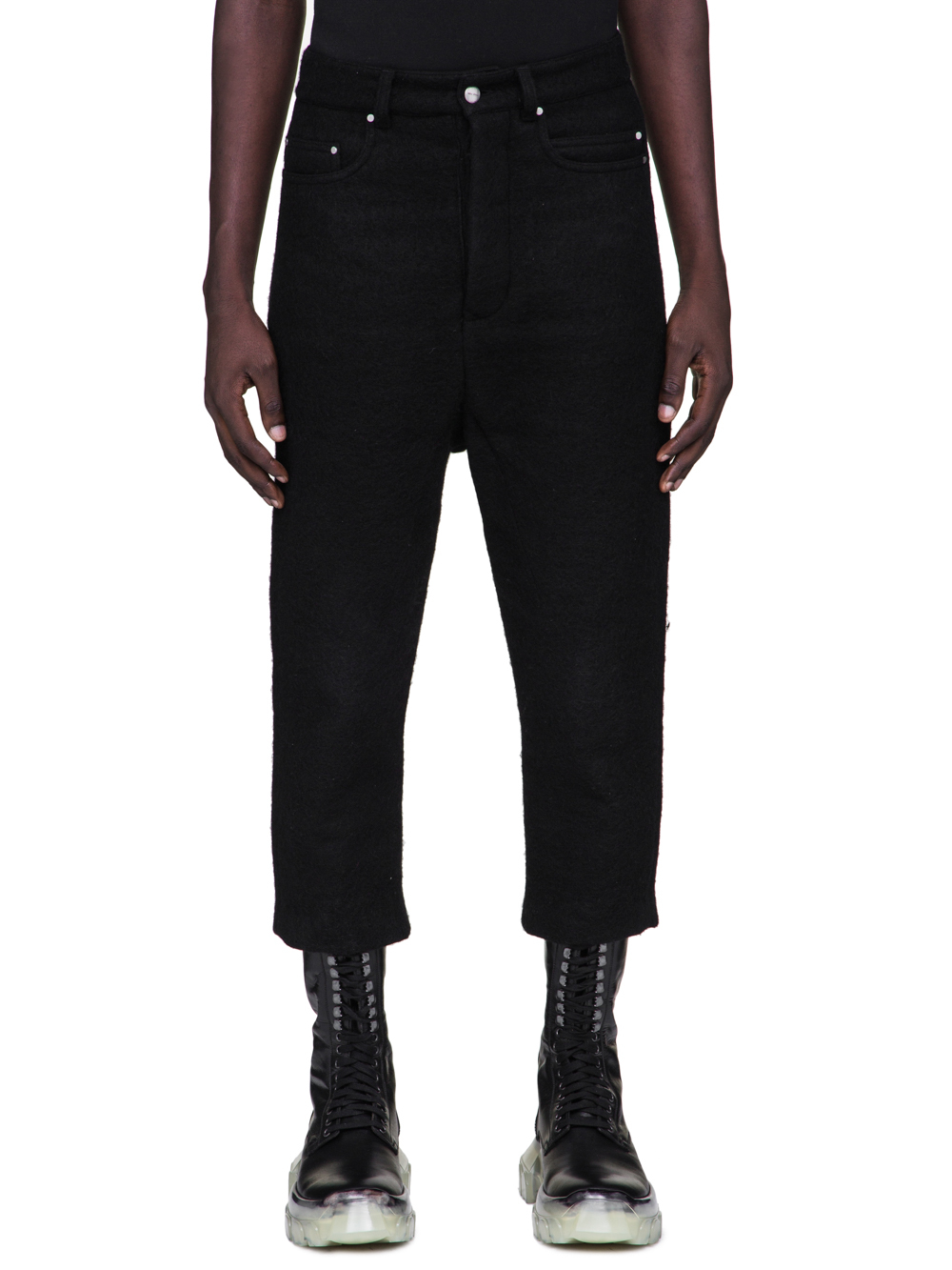 RICK OWENS FW18 SISYPHUS OFF-THE-RUNWAY COLLAPSE JEANS IN BLACK BOILED WOOL