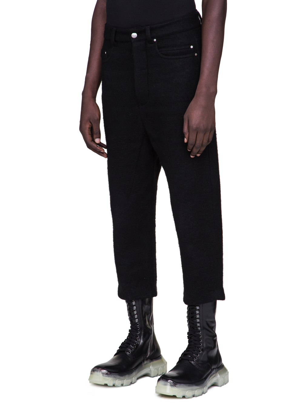 RICK OWENS FW18 SISYPHUS OFF-THE-RUNWAY COLLAPSE JEANS IN BLACK BOILED WOOL