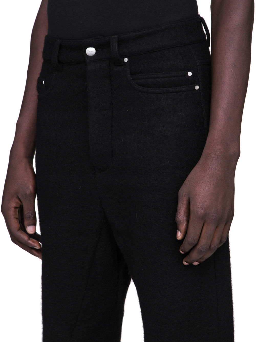 RICK OWENS FW18 SISYPHUS OFF-THE-RUNWAY COLLAPSE JEANS IN BLACK BOILED WOOL