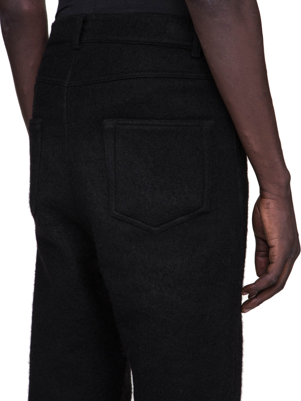 RICK OWENS FW18 SISYPHUS OFF-THE-RUNWAY COLLAPSE JEANS IN BLACK BOILED WOOL