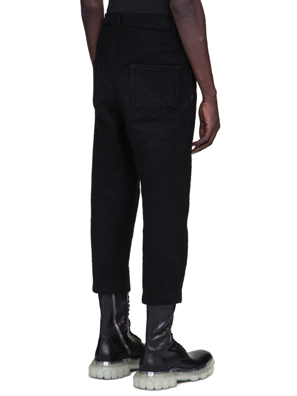 RICK OWENS FW18 SISYPHUS OFF-THE-RUNWAY COLLAPSE JEANS IN BLACK BOILED WOOL
