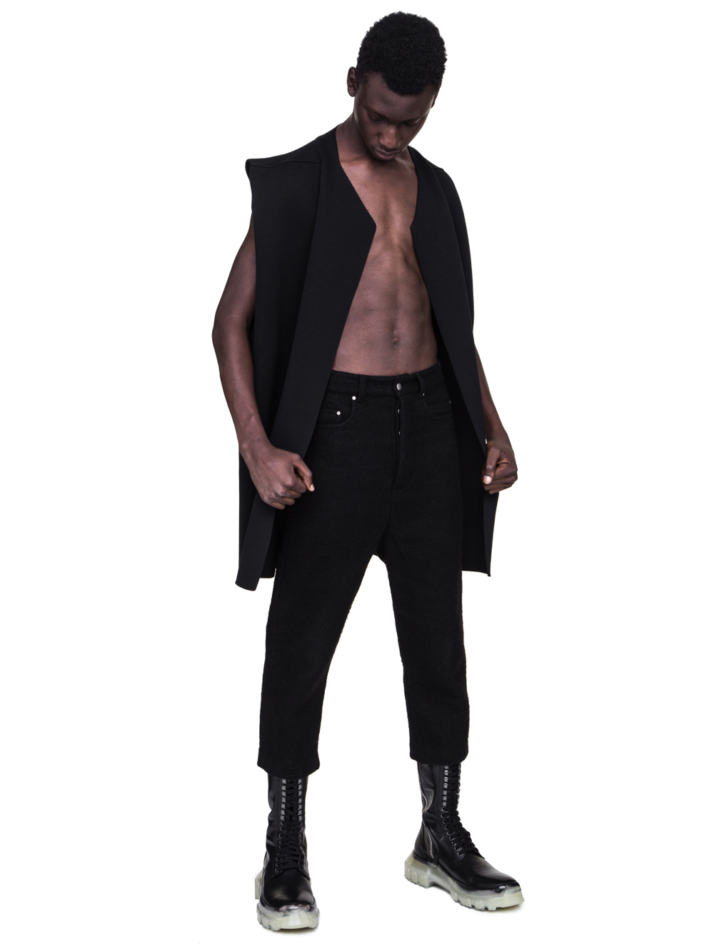 RICK OWENS FW18 SISYPHUS OFF-THE-RUNWAY SLEEVELESS TEE CARDIGAN IN BLACK