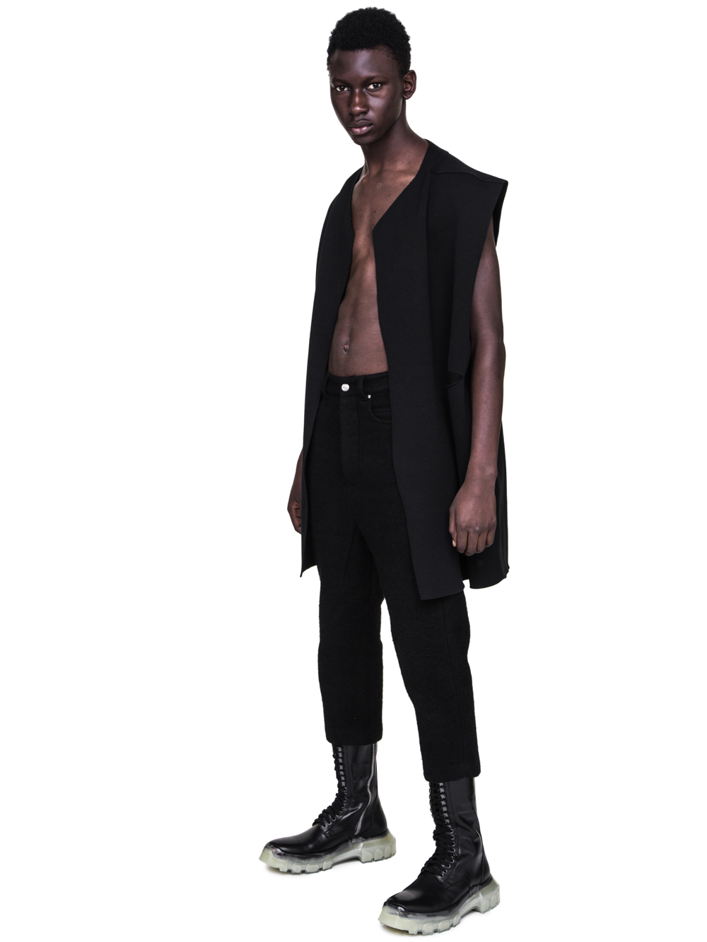 RICK OWENS FW18 SISYPHUS OFF-THE-RUNWAY SLEEVELESS TEE CARDIGAN IN BLACK