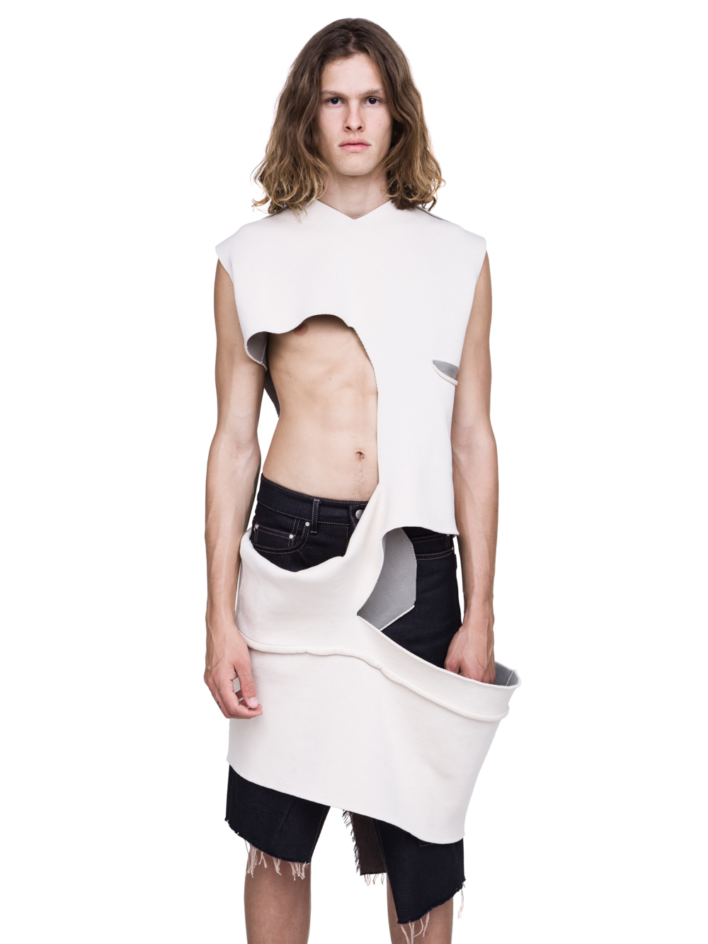 RICK OWENS SHRED TOP IN NATURAL AND PEARL BEIGE SCULPTURE KNIT