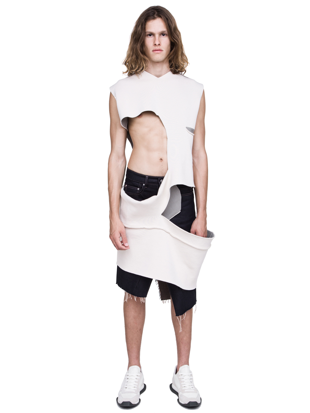 RICK OWENS SHRED TOP IN NATURAL AND PEARL BEIGE SCULPTURE KNIT