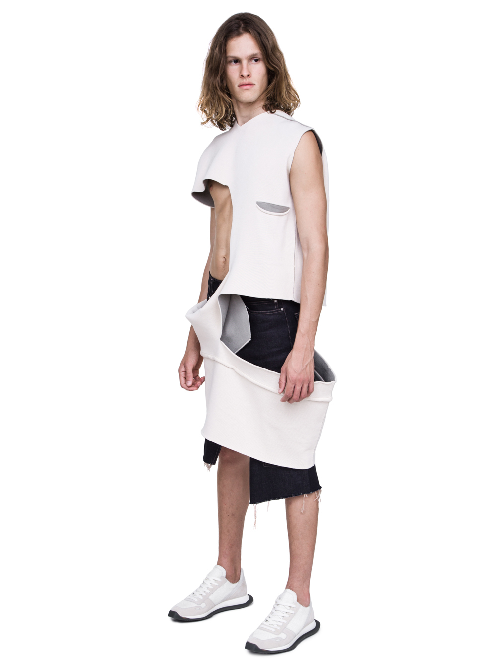 RICK OWENS SHRED TOP IN NATURAL AND PEARL BEIGE SCULPTURE KNIT