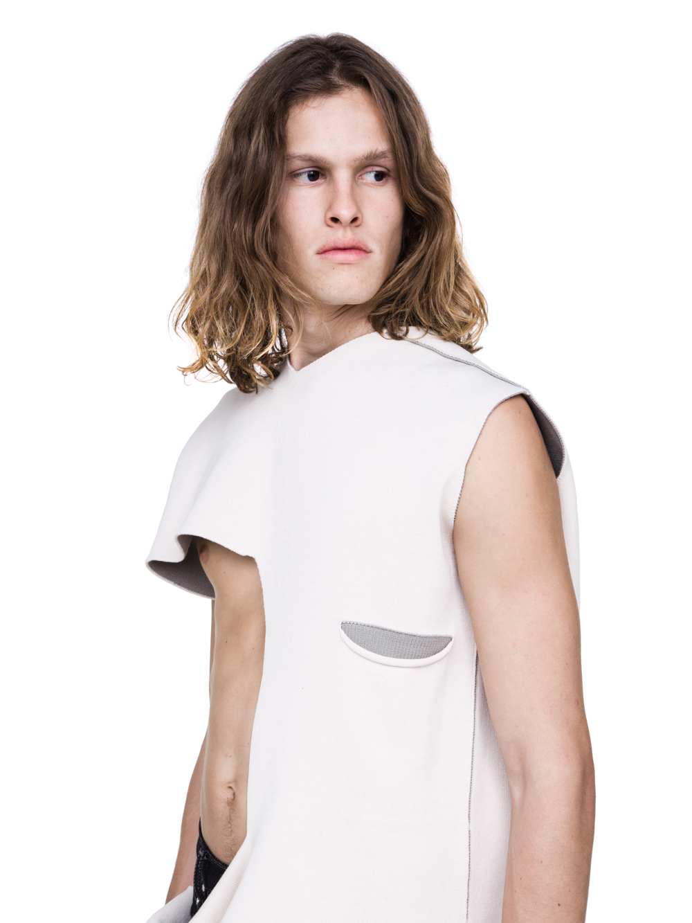 RICK OWENS SHRED TOP IN NATURAL AND PEARL BEIGE SCULPTURE KNIT