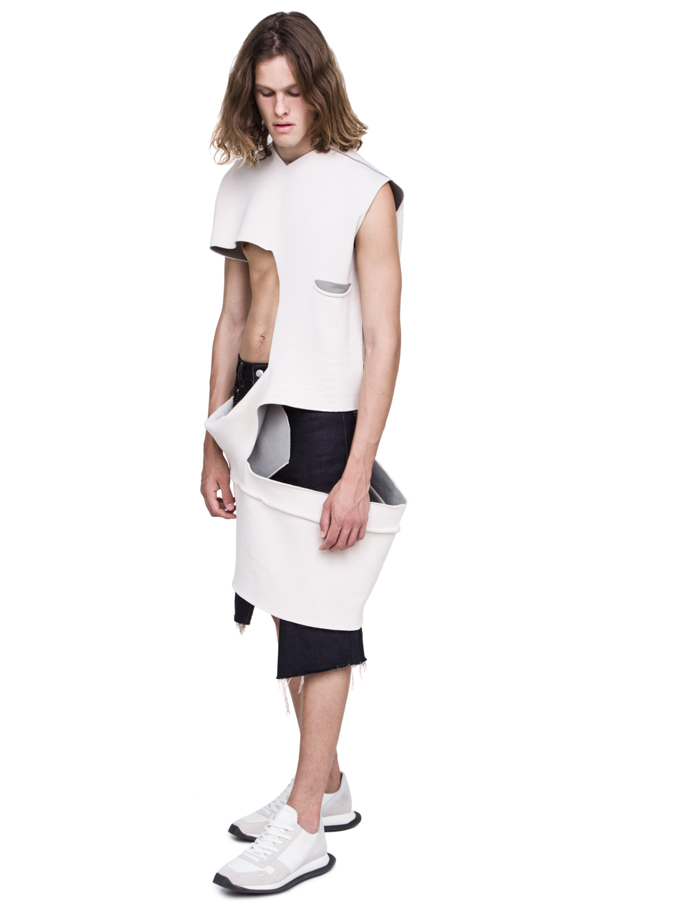 RICK OWENS SHRED TOP IN NATURAL AND PEARL BEIGE SCULPTURE KNIT