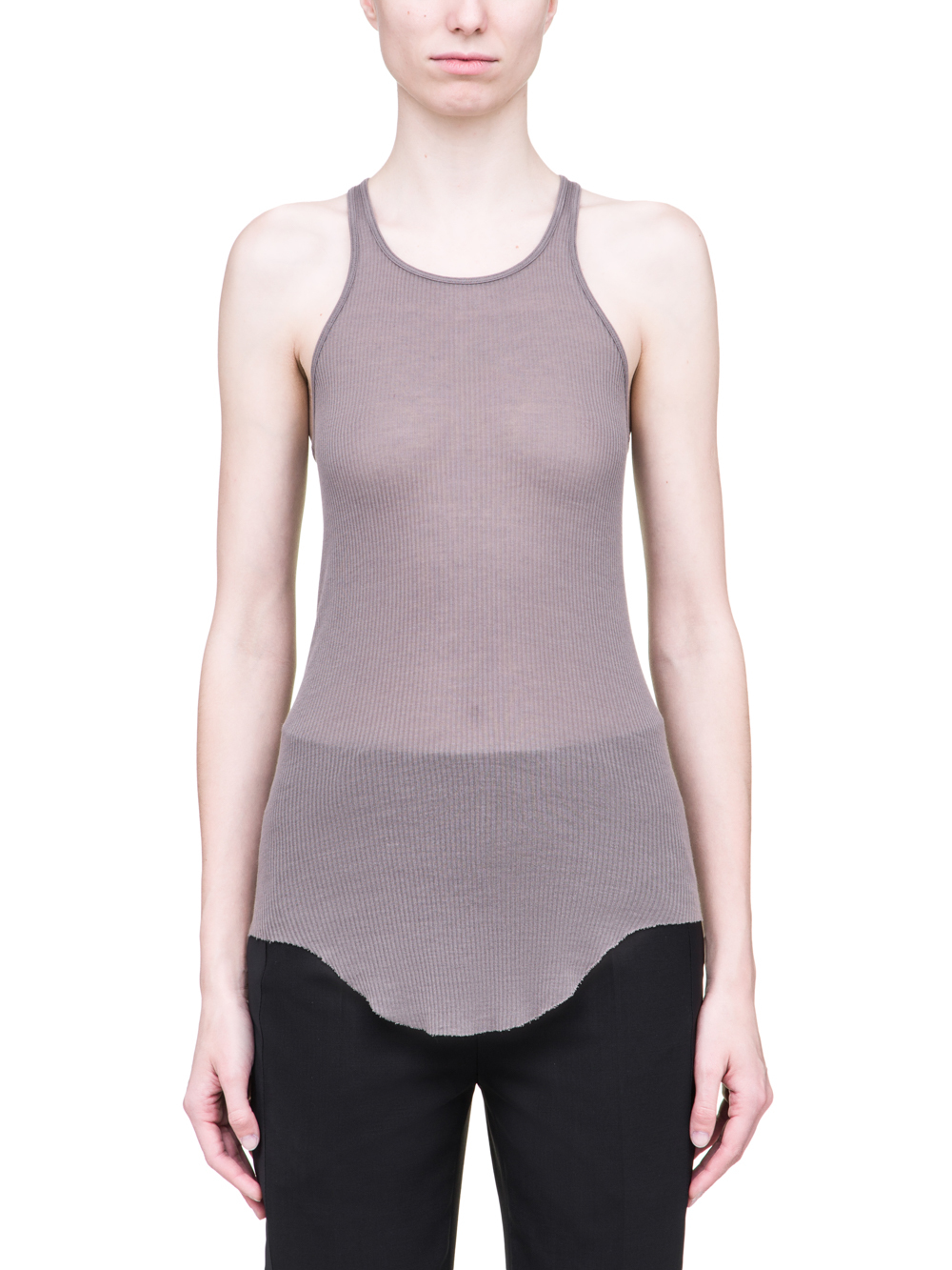 RICK OWENS SS19 BABEL BASIC RIB TANK TOP IN DUST GREY VISCOSE SILK RIB