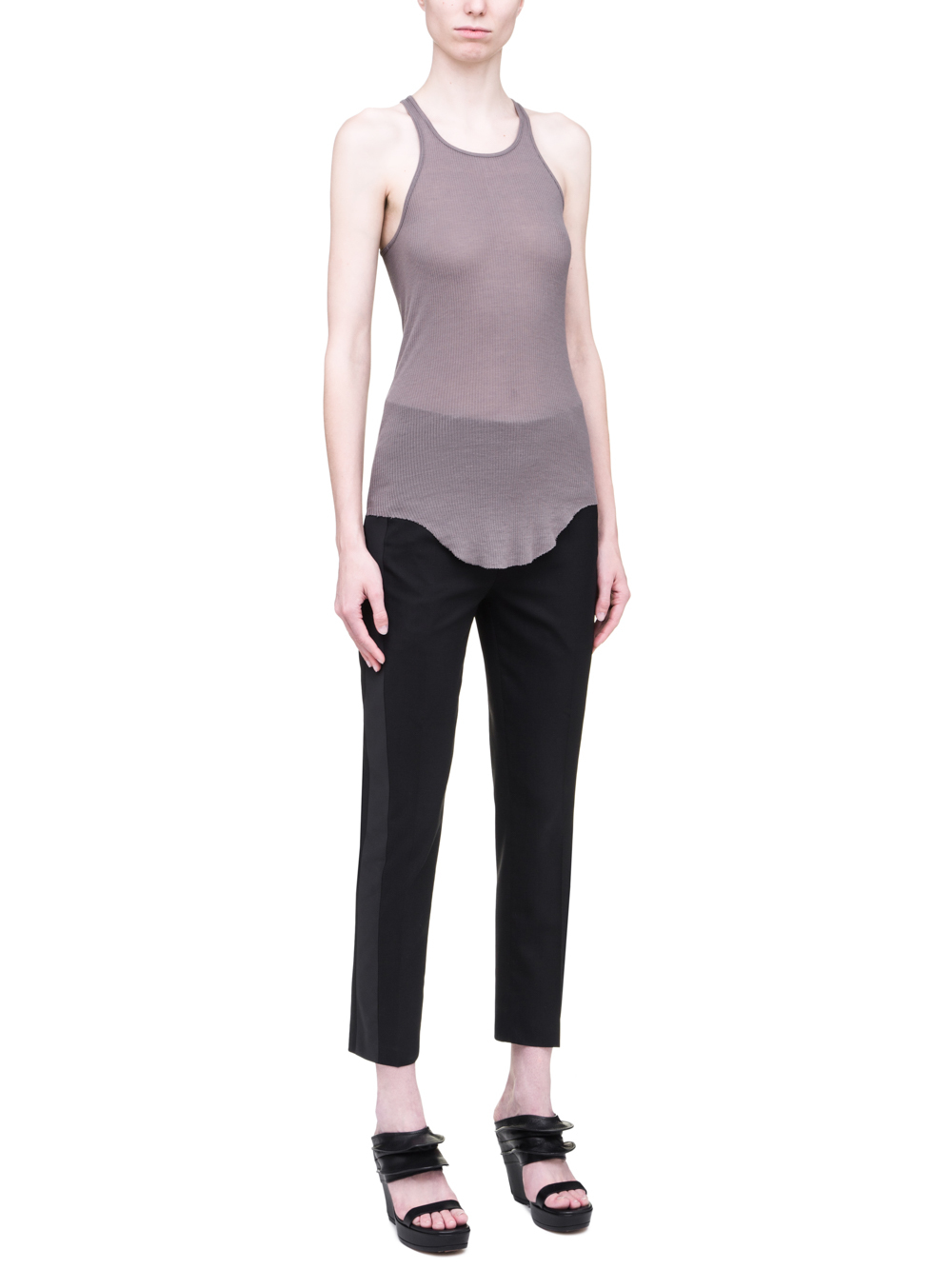 RICK OWENS SS19 BABEL BASIC RIB TANK TOP IN DUST GREY VISCOSE SILK RIB